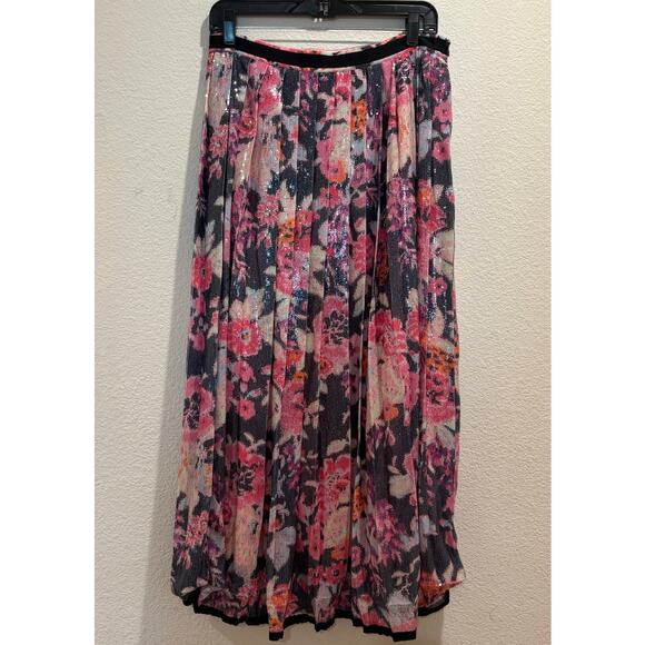 Maeve Anthropologie Pink Multicolor Floral Pleated Sequin Maxi Skirt Size 10 - Picture 3 of 8